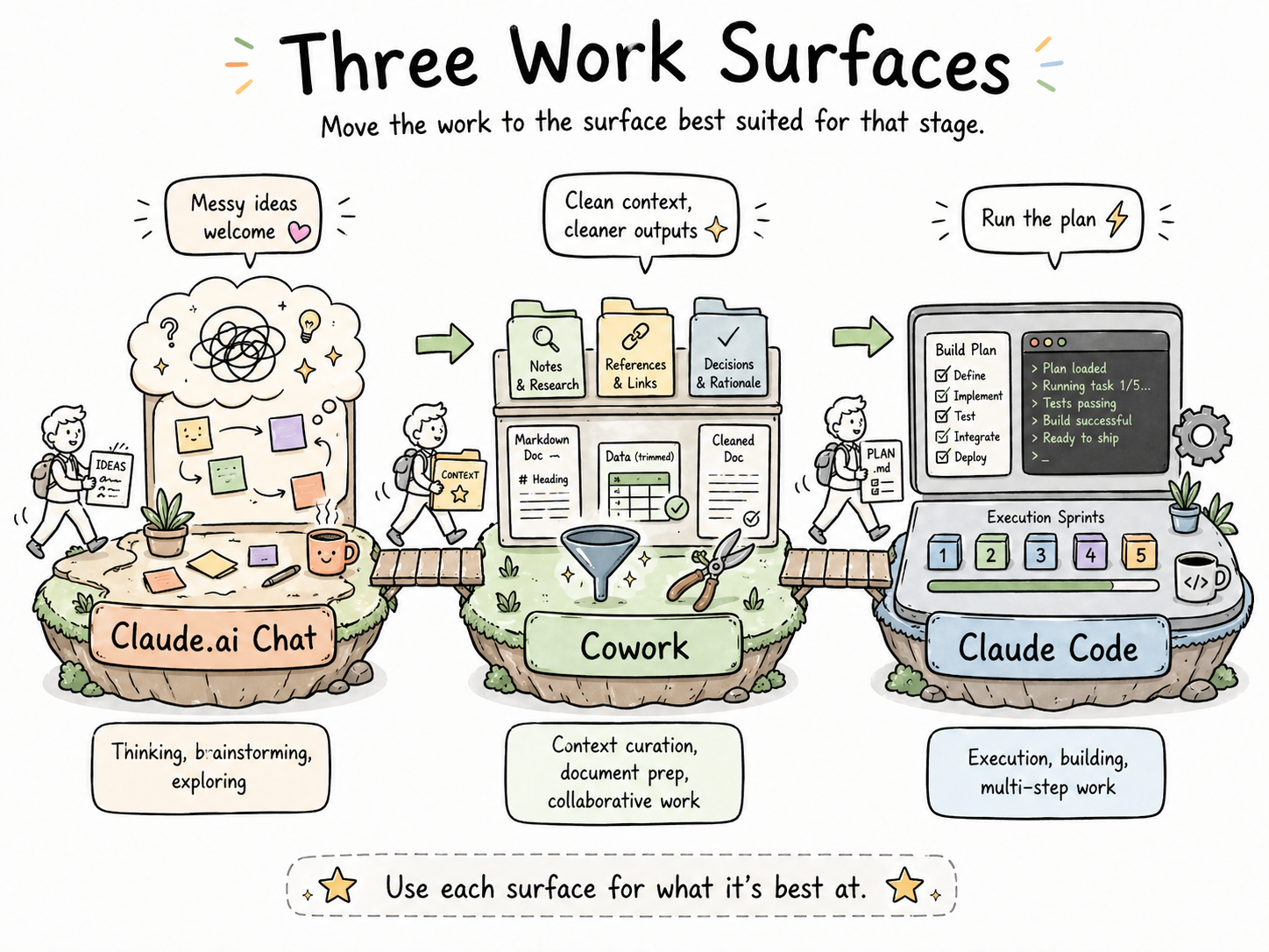 Diagram showing the three Claude surfaces — web chat, Cowork, and Claude Code — and how each is best suited to different phases of a task.